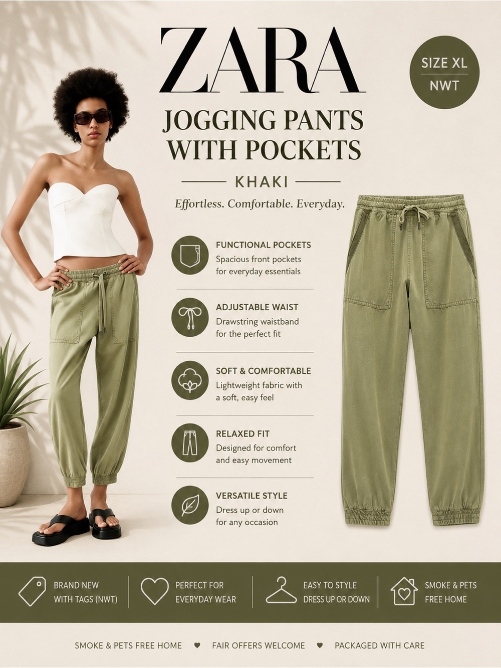 ZARA Khaki Jogger Pants with Pockets XL NWT Drawstring Utility Cargo
